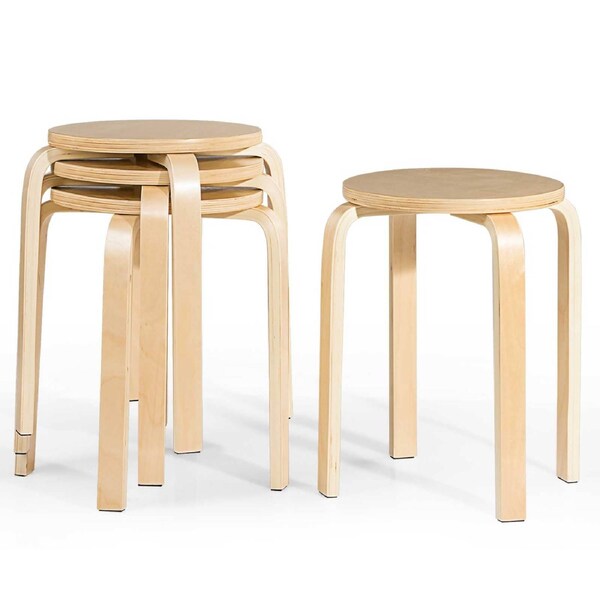 Giantex 4pcs Round Wooden Stool Simple Kitchen Stools Dining Chairs Coffee Bar Chair Home Decor Living Room Natural
