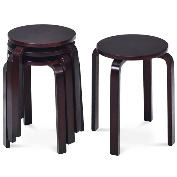 Giantex 4pcs Round Wooden Stool Simple Kitchen Stools Dining Chairs Coffee Bar Chair Home Decor Living Room, Brown