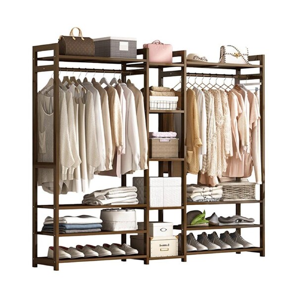 Portable Clothes Rack Coat Garment Stand Bamboo Rail Hanger Airer Closet