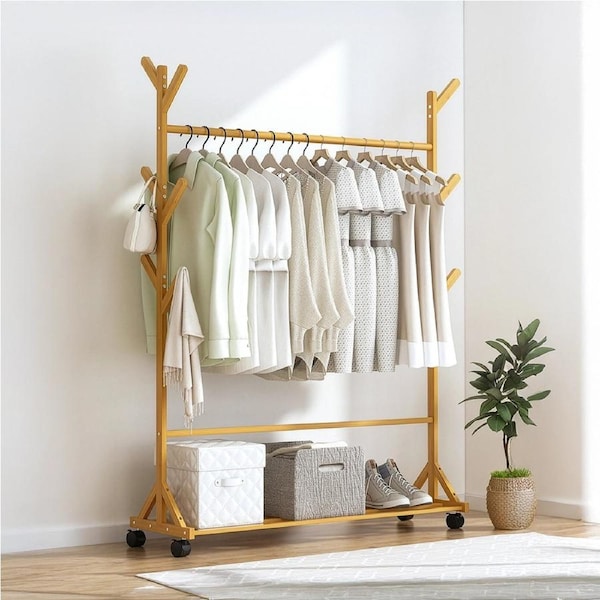 Portable Clothes Rack Coat Garment Stand Bamboo Rail Hanger Airer Closet