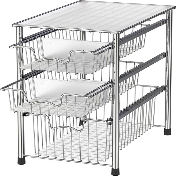 3 Tier Storage Shelf Cabinet Rack,Multi-Purpose Sliding Basket Organizer Drawer for Bathroom Kitchen