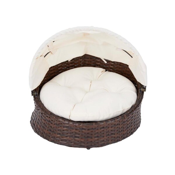 Teamson Pets Clotho Outdoor Resin Wicker Canopy Pet Daybed for Cat or Small Dog