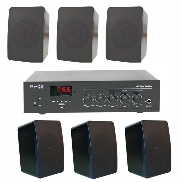 E-Lektron TRM45B 100V Mixer Amplifier Speaker Set with PA-TRON45 and 6 Black Weatherproof ELA speakers