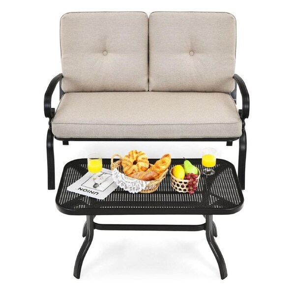 Costway 2PC Indoor Outdoor Furniture Set Bench Loveseat Garden Chair w/Coffee Table Lounge Chair Set Beige
