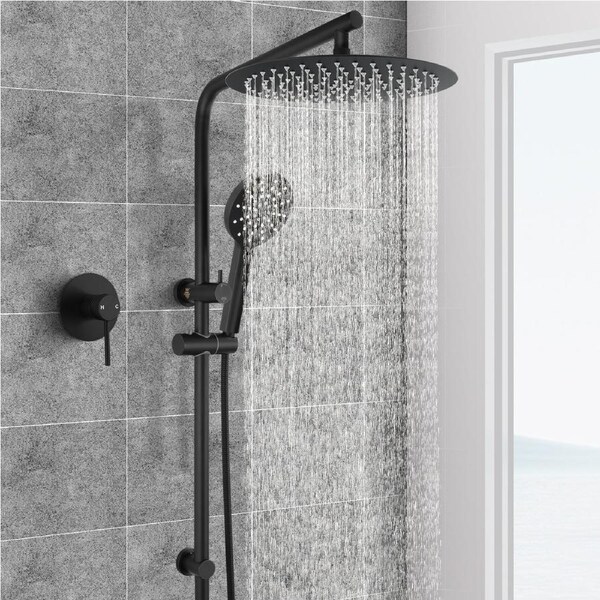 ACA WELS Round 12'' Ultrathin Rainfall Shower Head 3-MODE Handheld Set Gooseneck Arm Wall Rail Diverter Mixer Tap Black