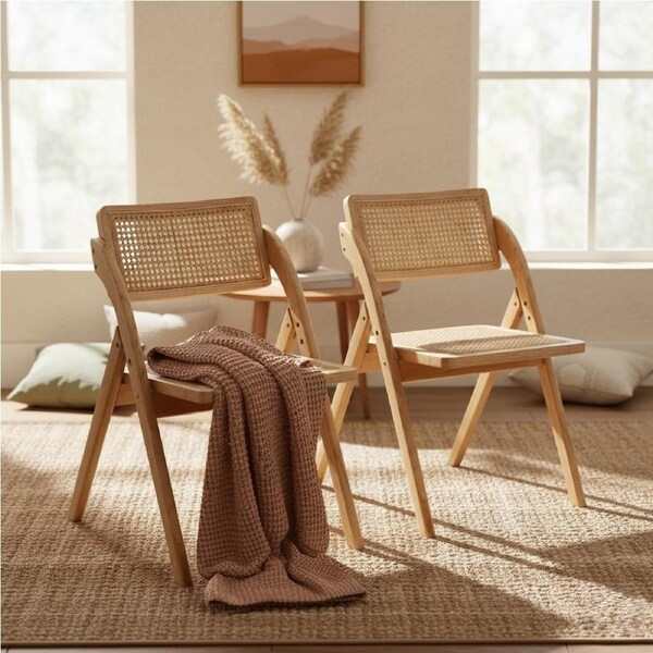 1 Set of 2 Levede Foldable Accent Rattan Dining Chairs - Natural