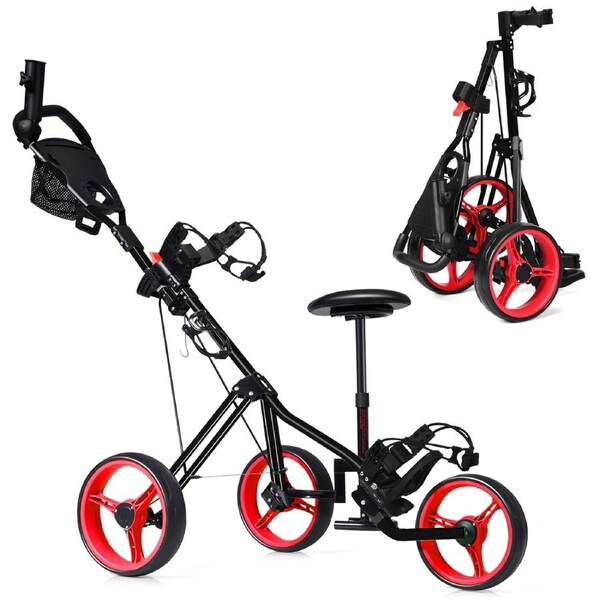 Costway Foldable Pro 3 Wheel Golf Buggy Adjustable Golf Push Cart Trolley w/Seat & Extra Storage,Red