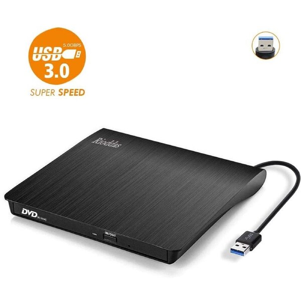Rioddas External CD Drive, USB 3.0 Portable CD/DVD +/-RW Drive Slim DVD/CD ROM Rewriter Burner Compatible with Laptop Desktop PC Windows Linux OS Appl