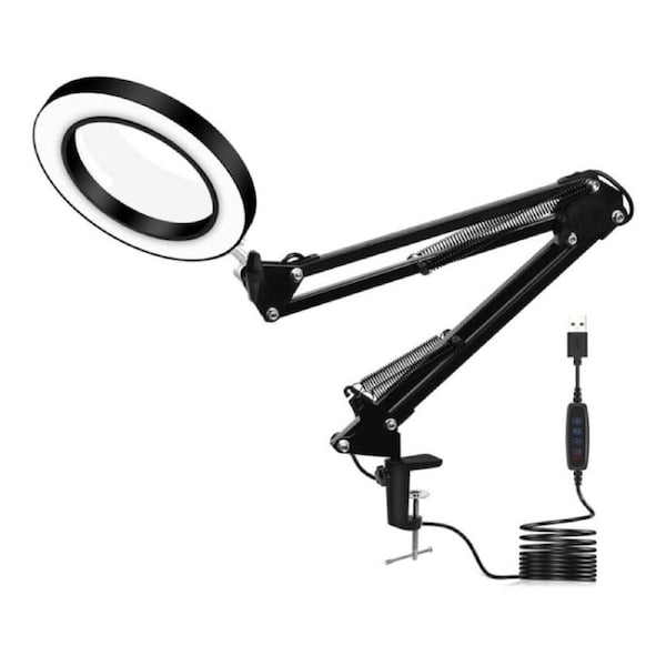 Adjustable Desktop LED Ring Light Magnifying Glass Desk Lamp - Black USB Powered