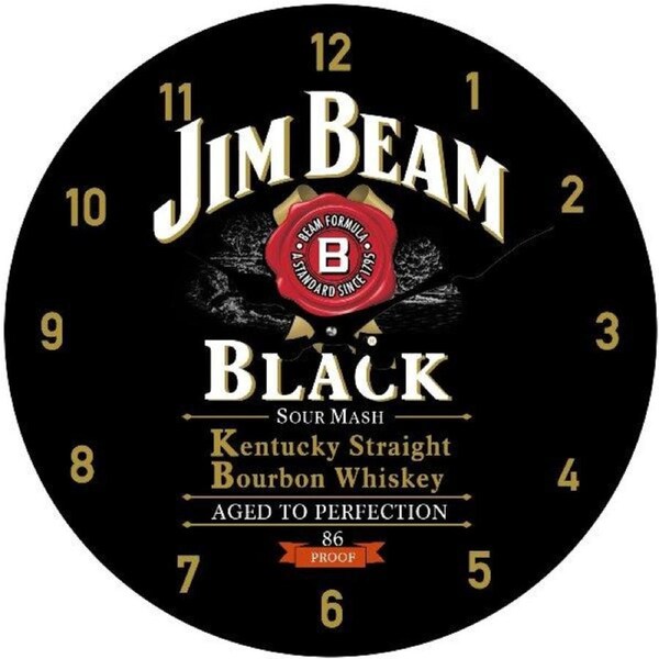 Clock French Country Wall 30cm Jim Beam Black Glass Clocks