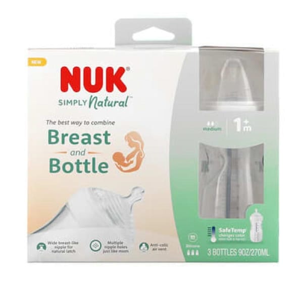 NUK Simply Natural Bottles 1+ Months Medium Feed - BPA Free 3 Pack (270ml each)