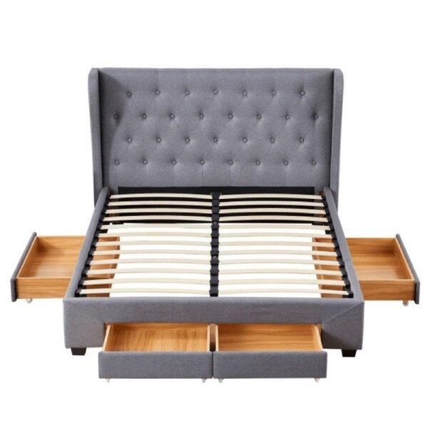 Design Square Modern Fabric Bed Frame W/ 4-Drawers Storage Queen Size - Dark Grey