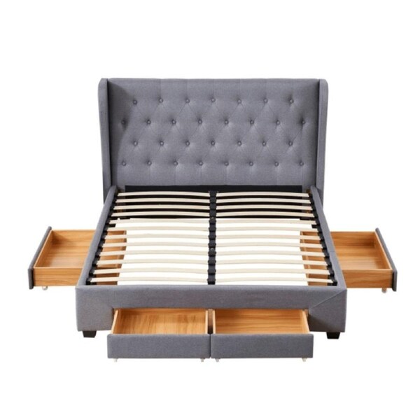 Design Square Modern Fabric Bed Frame W/ 4-Drawers Storage Double Size - Dark Grey