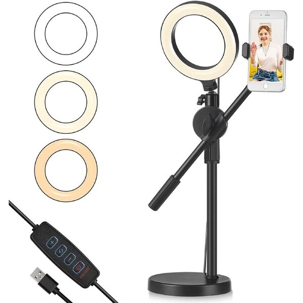 Live Streaming Phone Desktop Stand with 2 Light Modes 6" LED Ring Light,Adjustable Height and Angle with Stable Round Base,Perfect for Product Live Streaming Shop(36-52CM)