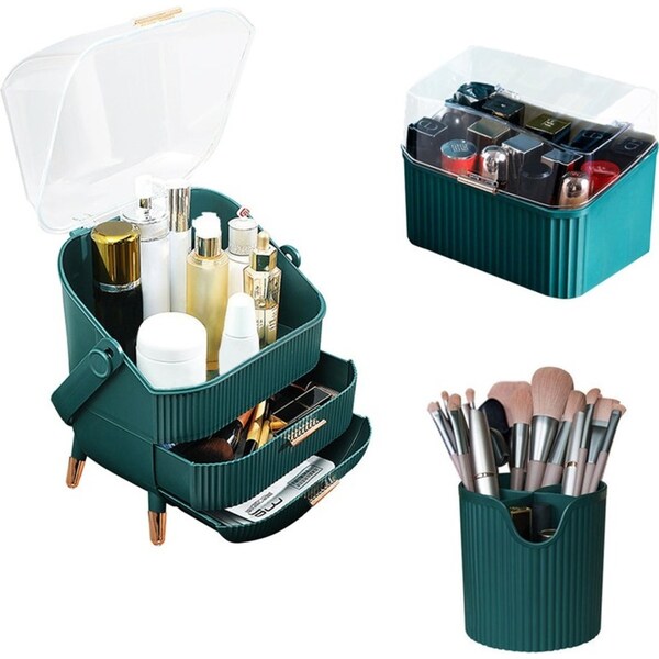 SOGA Green Cosmetic Jewelry Storage Organiser Set Makeup Brush Lipstick Skincare Holder Jewelry Storage Box with Handle