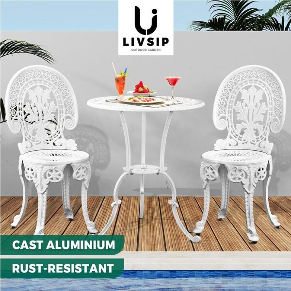 Livsip Outdoor Bistro Cast Aluminium Table and Chair 3PCS Patio Set