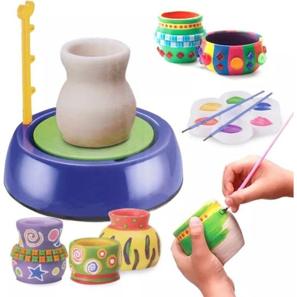 Educational Arts Craft Kids DIY Mini Machine Pottery Wheel With Self-hardening Fireing Free Clay And Paint Se