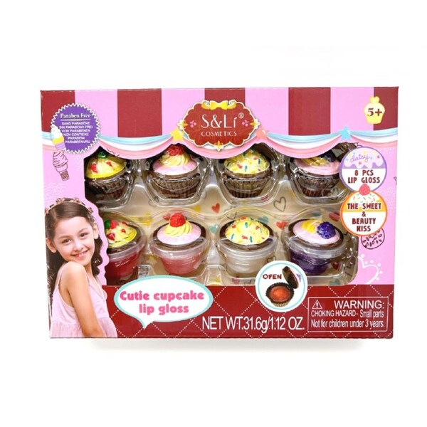 Kid Girls Lip Gloss Set 8 Cupcake Style Kids Safe Cosmetic Pretend Play Kit Princess Toy