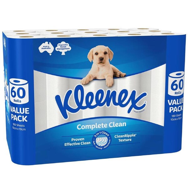 Kleenex Toilet Rolls Bath Tissue 3 Ply White x60 Rolls 180 Sheets Per Roll