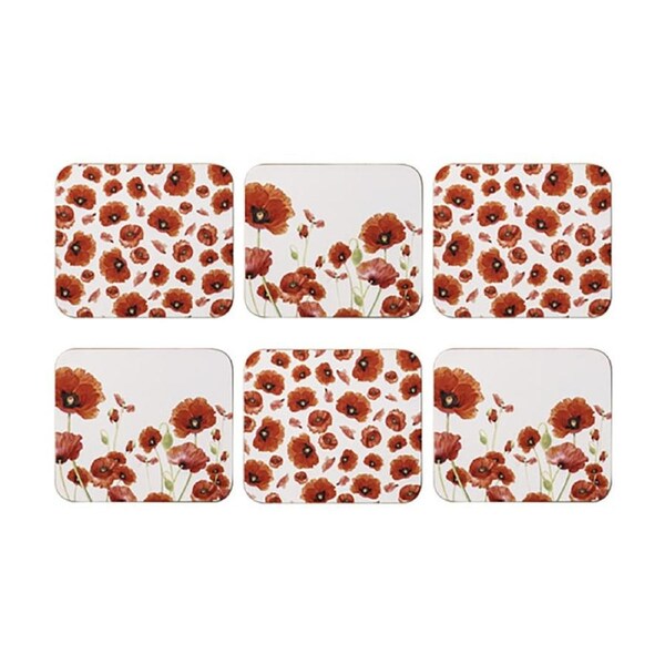 6pc Ashdene Red Poppies 11x9.5cm Square Hardboard/Cork Beverage Drink Coaster