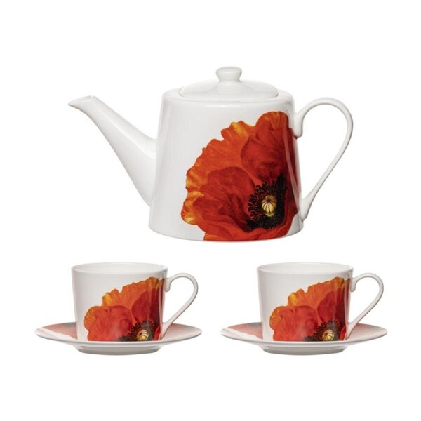 5pc Ashdene Red Poppies Tea Party/Coffee Latte Drink Set w/ Teapot/2x Cup/Saucer