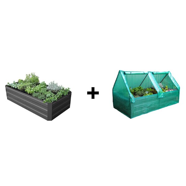 Greenlife Large Garden Bed 2 Brace Charcoal + Drop Over PE Greenhouse 1850 x 950 x 1020