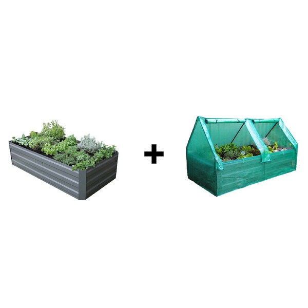 Greenlife Large Garden Bed 2 Brace Slate Grey + Drop Over PE Greenhouse 1850 x 950 x 1020
