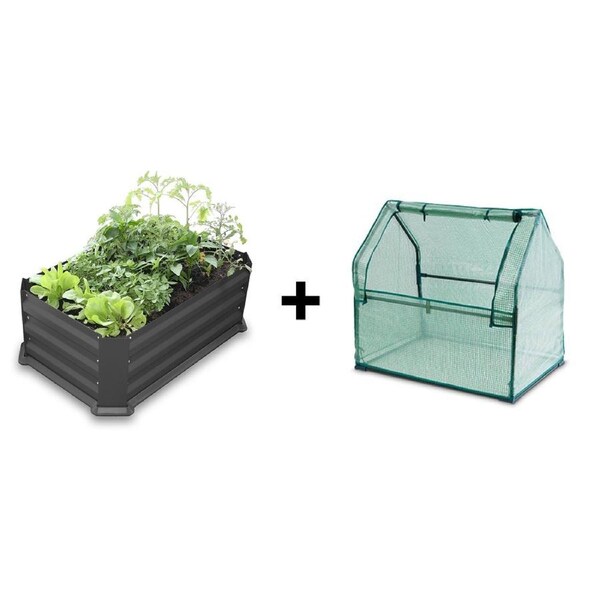 Patio Garden Bed with Base - Charcoal + Drop Over Greenhouse