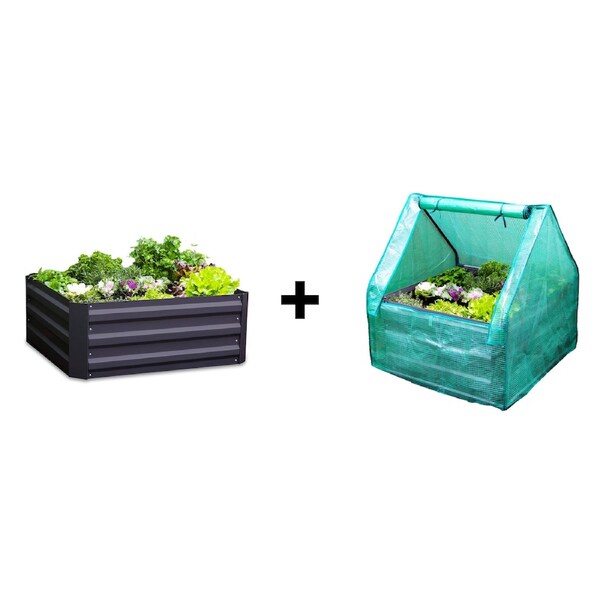 Greenlife Square Garden Bed Charcoal + Drop Over PE Greenhouse 900 x 900 x 1020