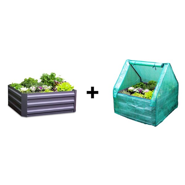 Greenlife Square Garden Bed Slate Grey + PE Greenhouse 900 x 900 x 1020