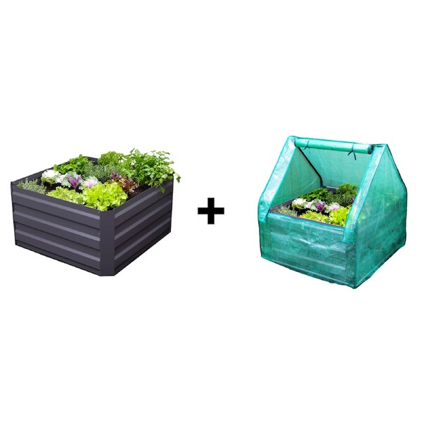 Greenlife Square Garden Bed 450H Charcoal + Drop Over PE Greenhouse 900 x 900 x 1020