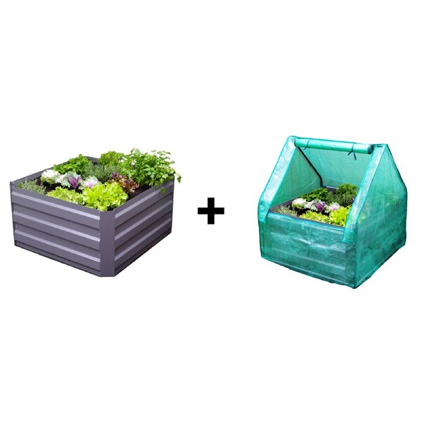 Greenlife Square Garden Bed 450H Slate Grey + PE Greenhouse 900 x 900 x 1020