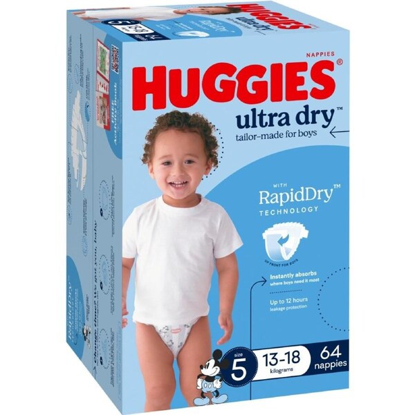 Huggies Ultra Dry Nappies Boy Size 5 (13-18kg) 64 Pack