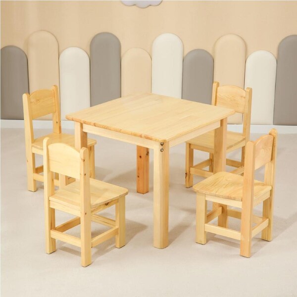 60CM Square Wooden Kids Table and 4 Wooden Chairs Childrens Desk Pinewood Timber