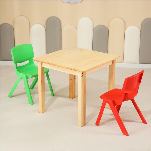 60CM Square Wooden Kids Table and 2 Chairs Set Childrens Desk Pinewood Red Green