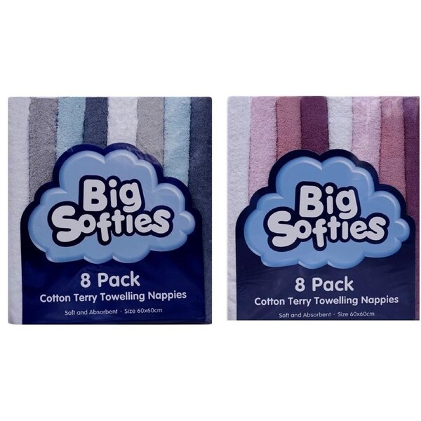 Big Softies Coloured Towelling Nappies 8 Pack - Assorted*