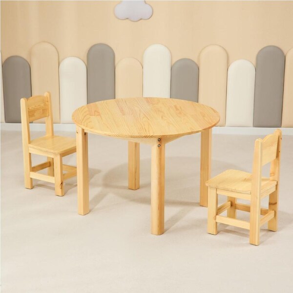 80CM Round Wooden Kids Table and 2 Wooden Chairs Set Pinewood Childrens Desk