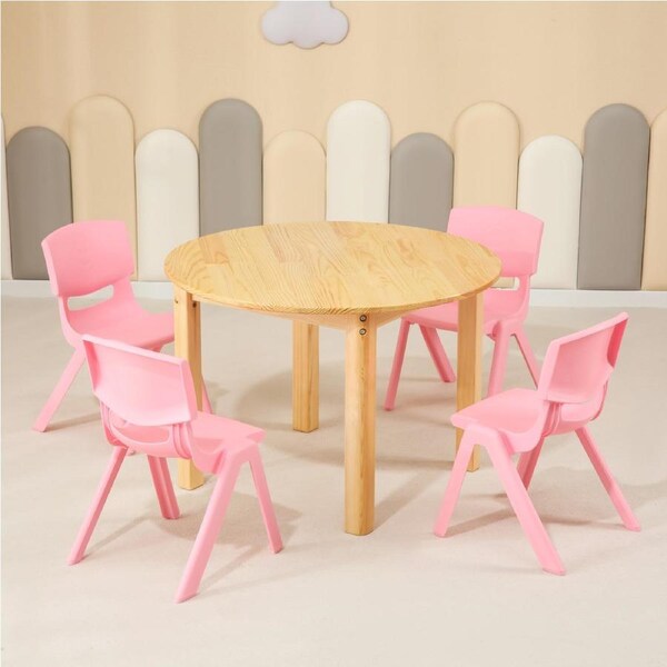 80CM Round Wooden Kids Table and 4 Pink Chairs Set Pinewood Timber Childrens Desk