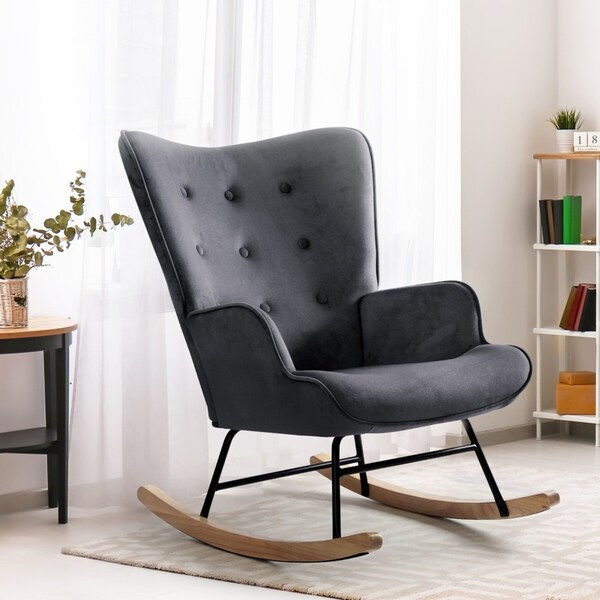 Oikiture Rocking Chair Nursing Armchair Velvet Accent Chairs Upholstered Grey
