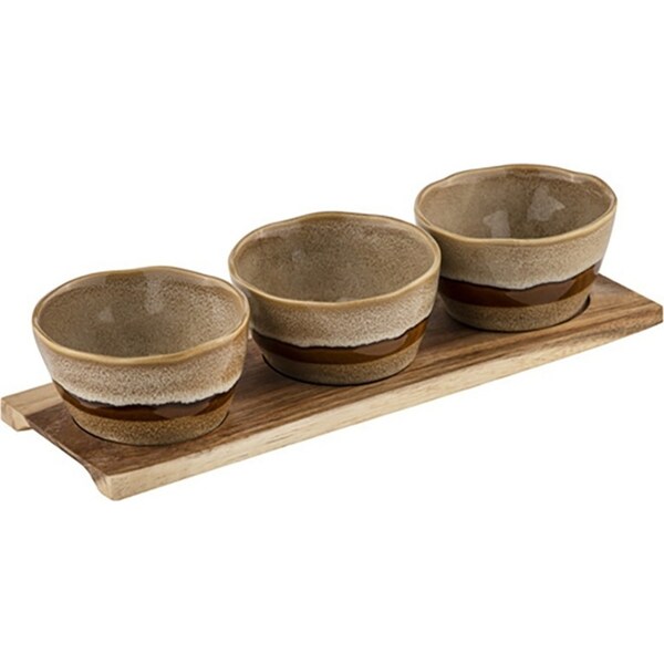 4pc Ladelle Haven Porcelain 10cm Bowl/Acacia 29cm Tray Kitchen Set Caramel/Taupe