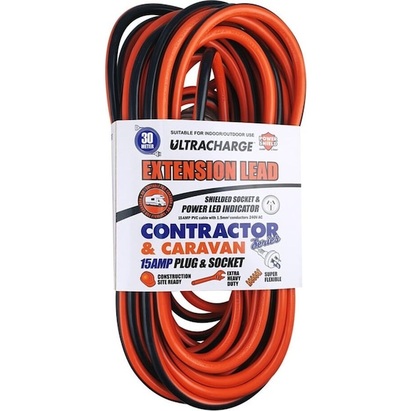 Ultracharge Contractor/Caravan Extension Lead 30m Cable Cord w/ 15A Plug/Socket