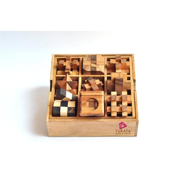 Wooden brain teaser puzzle gift box - 9 individual mechanical puzzle set in own box