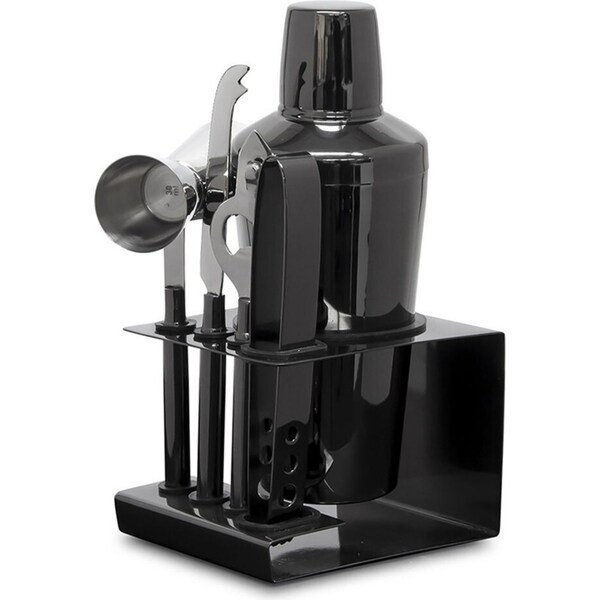 6pc Salt & Pepper Kennedy Metallic Cocktail Set Mixer Kit Stainless Steel Black