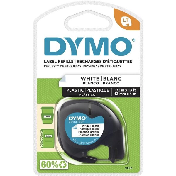 Dymo LetraTag Labeller Plastic Tape 12mm x 4M White