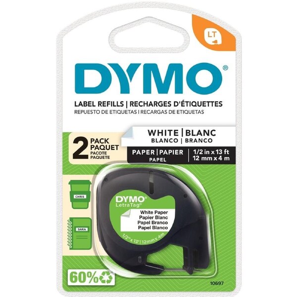 Dymo LetraTag Paper Tape 12mm x 4M White 2-Pack