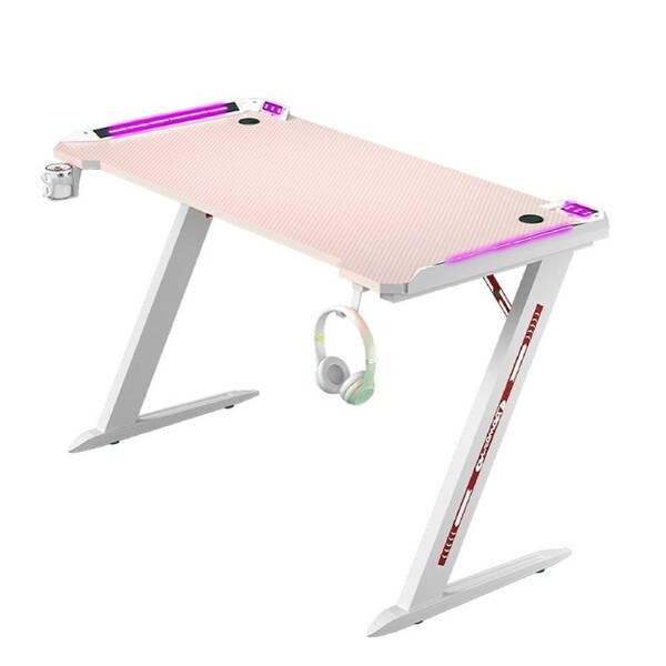 RGB Gaming Desk Home Office Carbon Fiber Led Lights Game Racer Computer PC Table Z-Shaped Pink 120cm