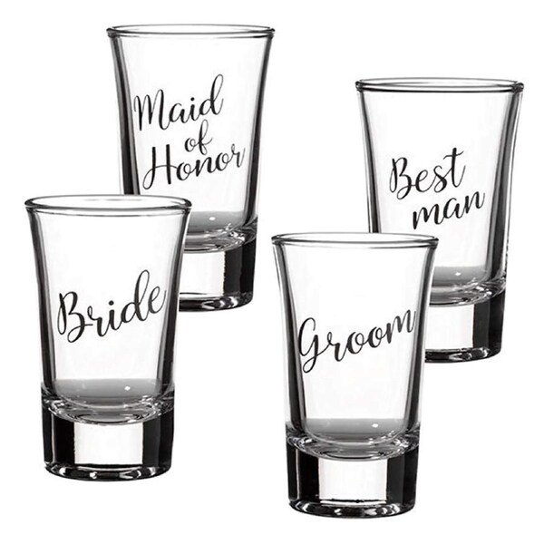 Wedding Shot Glasses x 4 Bride Groom Best Man Maid of Honor Bridal Party Gifts