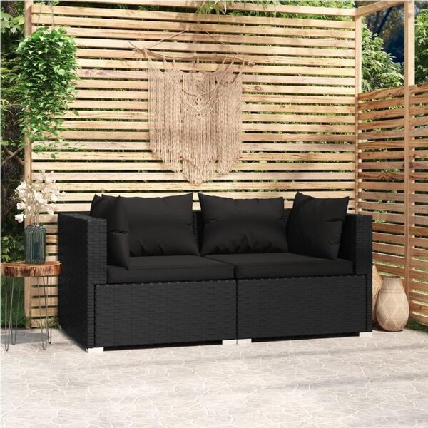 2-Seater Sofa with Cushions Black Poly Rattan vidaXL