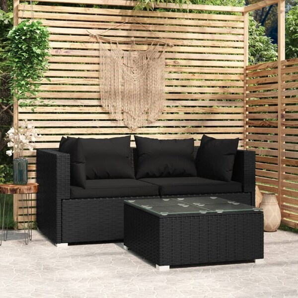 3 Piece Garden Lounge Set with Cushions Black Poly Rattan vidaXL