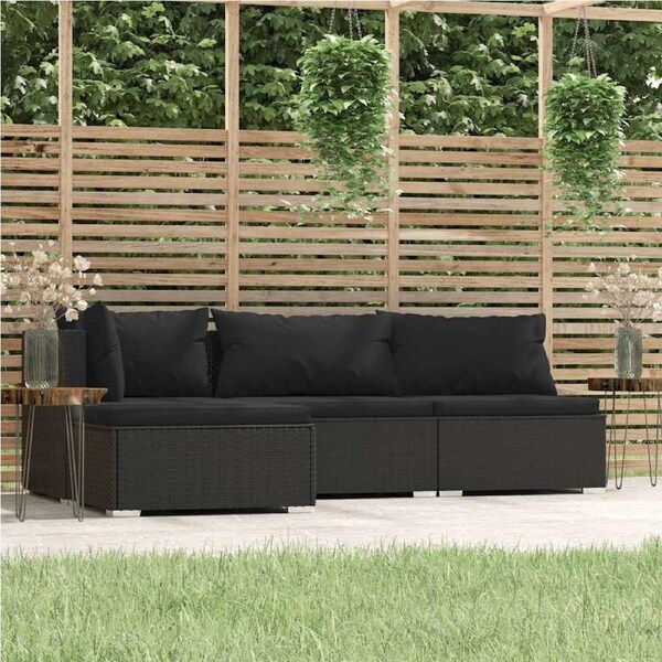 4 Piece Garden Lounge Set with Cushions Black Poly Rattan vidaXL